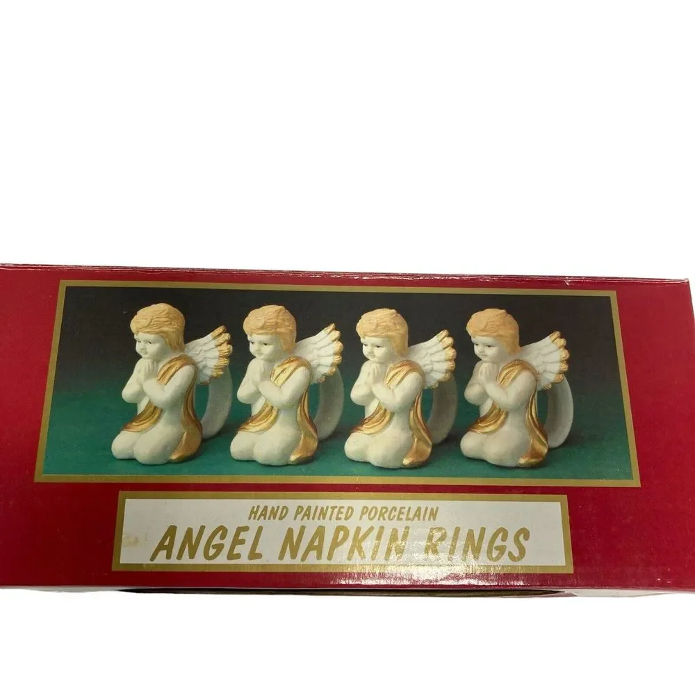 Christmas Angel Napkin Rings 4‎ Hand Painted Porcelain White Gold Vtg